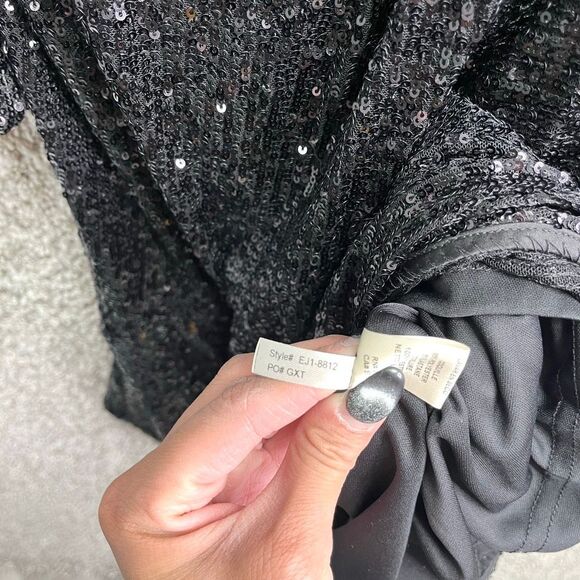 Eliza J Dress Women’s 4 Black Sequins Long Sleeve V-Neck Faux Wrap Ruffle Hem - Picture 6 of 8